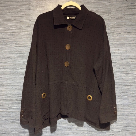 Lagenlook 2X Women’s Button Down Blouse Textured Pockets Artsy Highlights - Picture 1 of 9